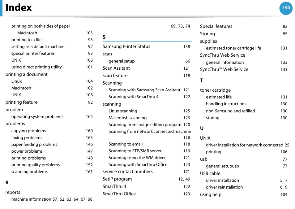 Printing on both sides of paper, Macintosh 103, Printing to a file 93 | Setting as a default machine 92, Special printer features 93, Unix 106, Using direct printing utility 101, Printing a document, Linux 104, Macintosh 102 | Samsung SCX-5639FR-XAA User Manual | Page 350 / 351