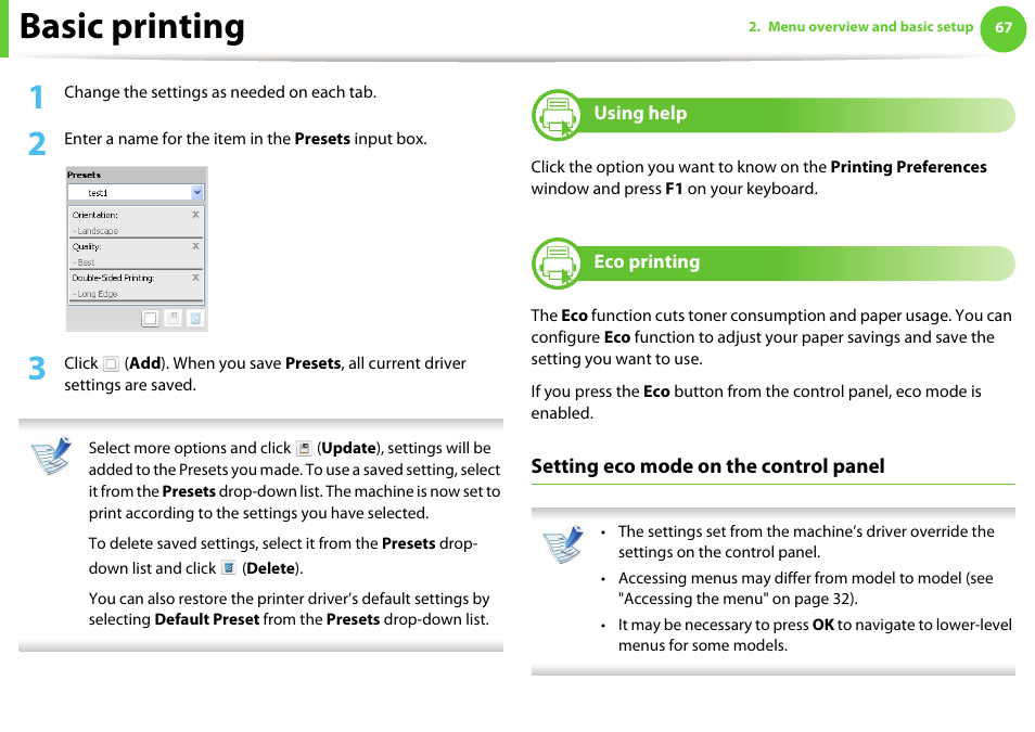 Basic printing, Setting eco mode on the control panel | Samsung SCX-5639FR-XAA User Manual | Page 67 / 351