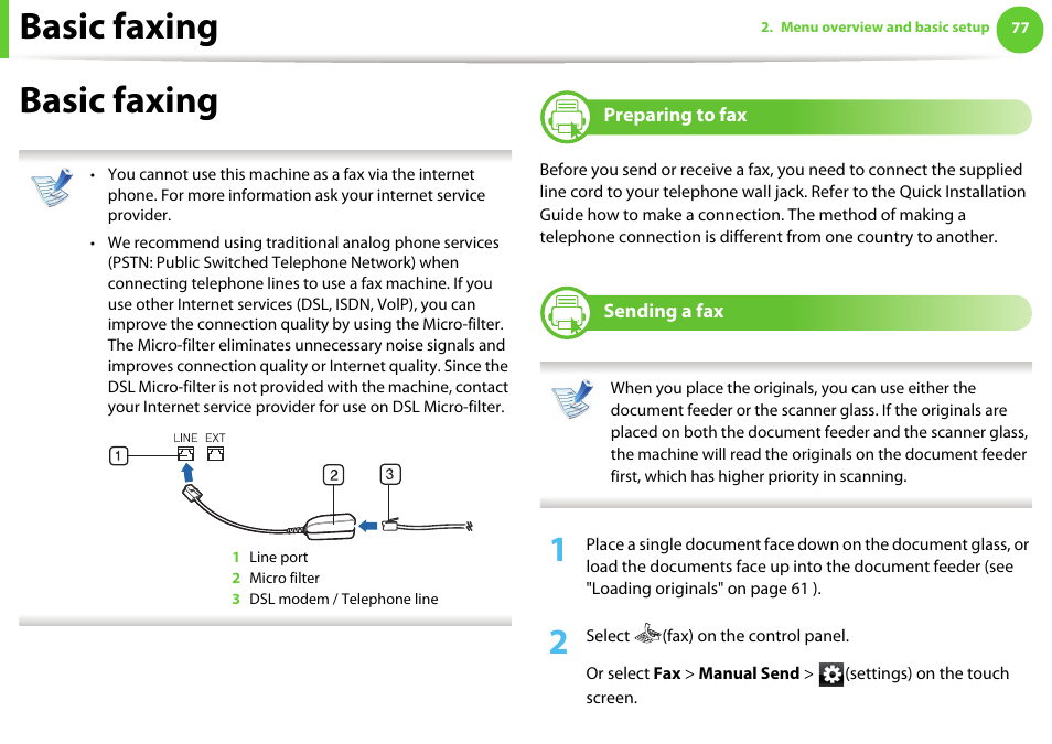 Basic faxing | Samsung SCX-5639FR-XAA User Manual | Page 77 / 351