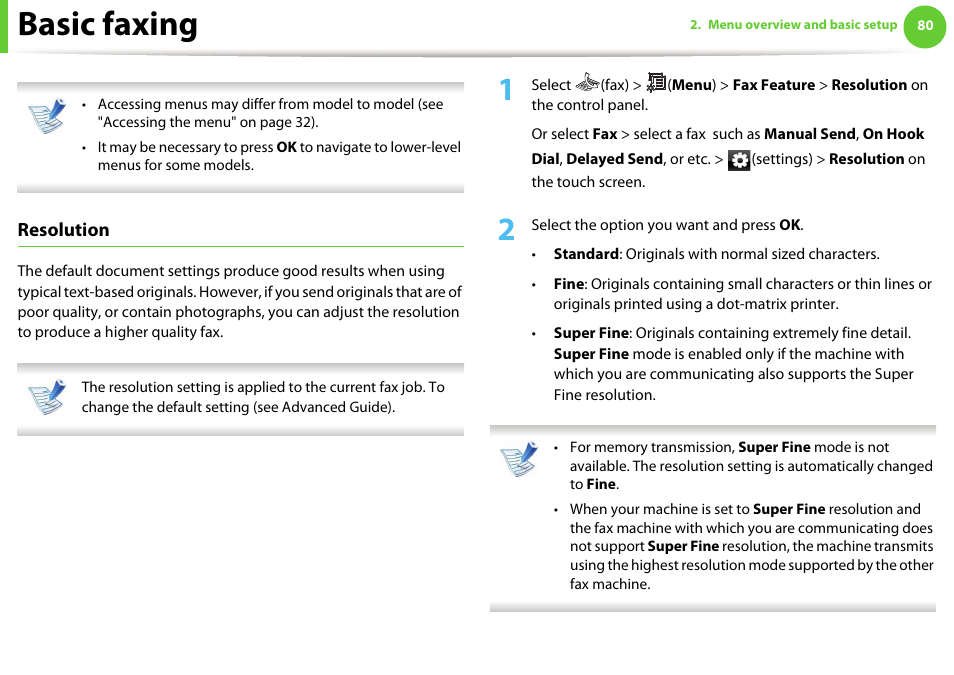 Basic faxing, Resolution | Samsung SCX-5639FR-XAA User Manual | Page 80 / 351