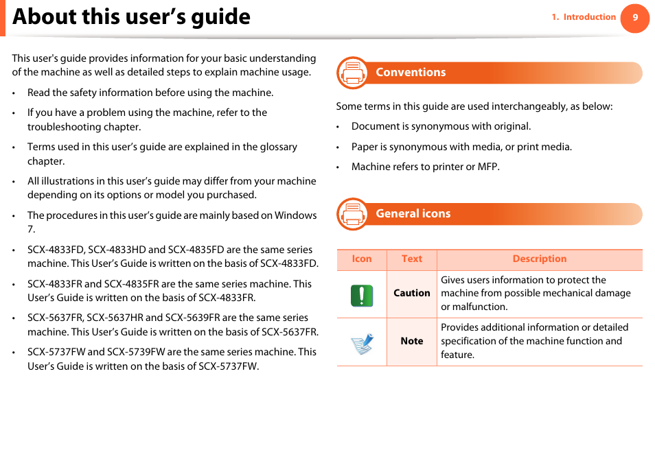 About this user’s guide | Samsung SCX-5639FR-XAA User Manual | Page 9 / 351