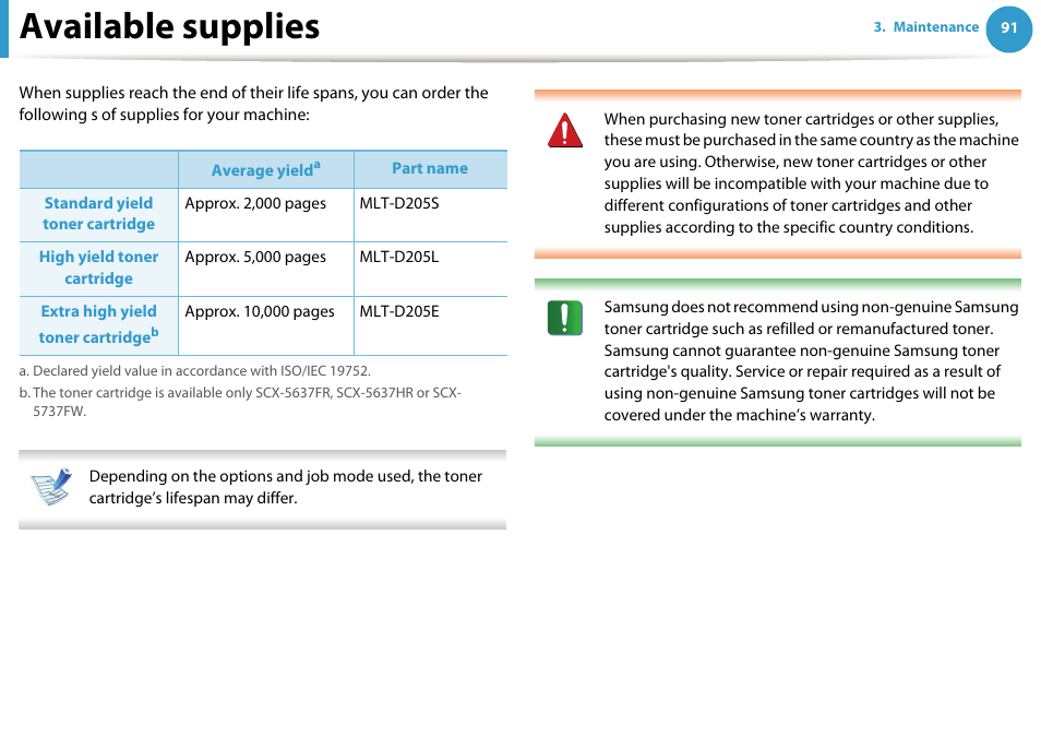 Available supplies | Samsung SCX-5639FR-XAA User Manual | Page 91 / 351
