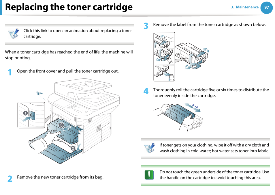 Replacing the toner cartridge | Samsung SCX-5639FR-XAA User Manual | Page 97 / 351