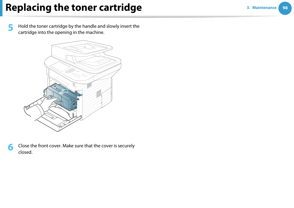 Replacing the toner cartridge | Samsung SCX-5639FR-XAA User Manual | Page 98 / 351