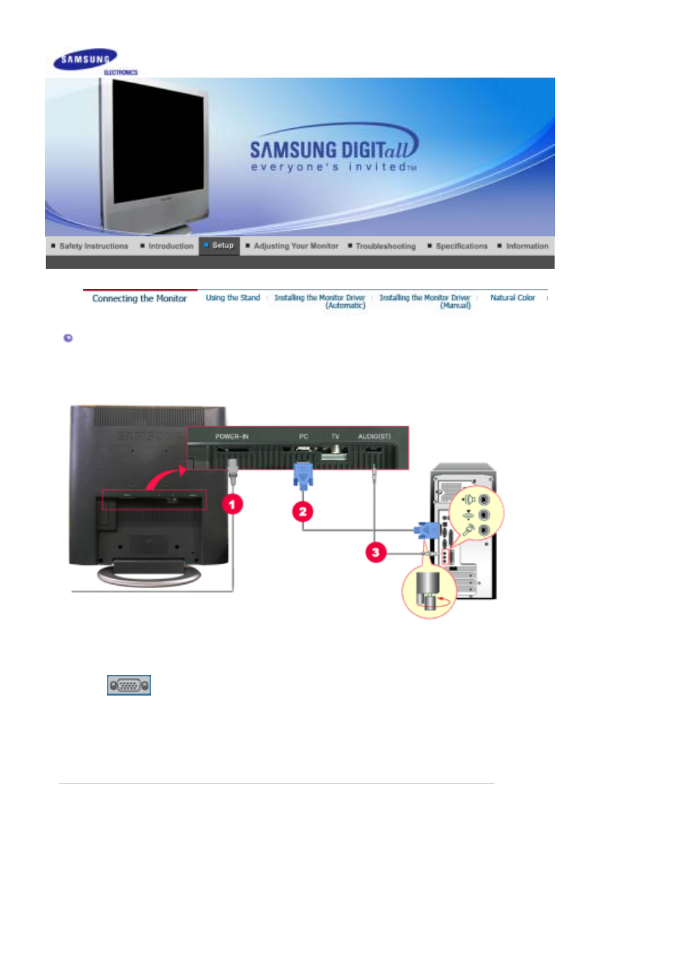 Connecting the monitor | Samsung LS17MHNSSZ-XAA User Manual | Page 16 / 56