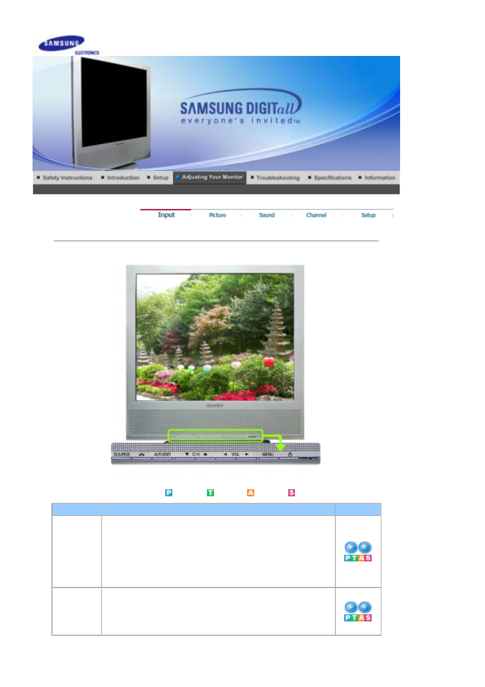 Adjusting your monitor, Input | Samsung LS17MHNSSZ-XAA User Manual | Page 26 / 56