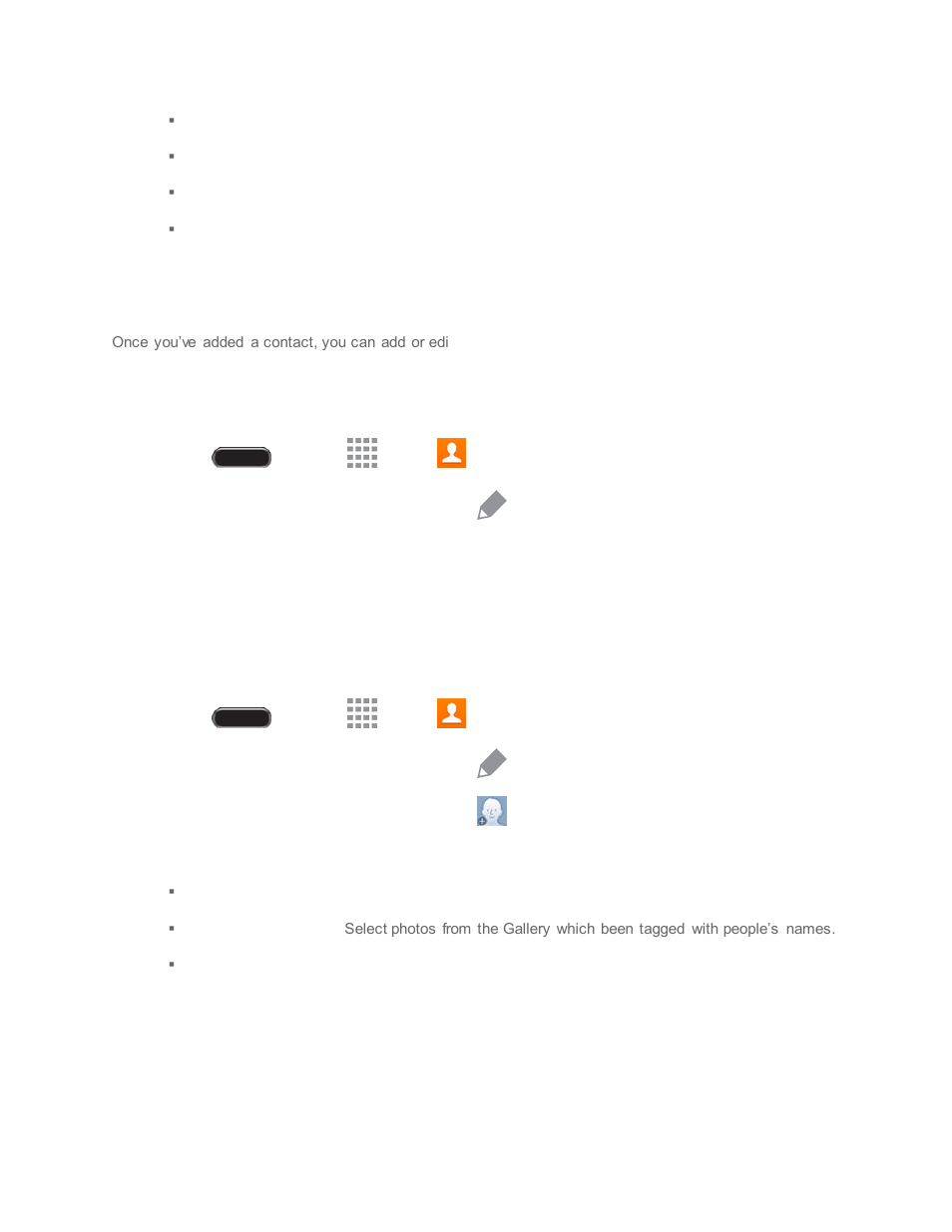 Edit a contact, Add or edit information, Assign a photo to a contact | Samsung SM-T237PZWASPR User Manual | Page 35 / 112