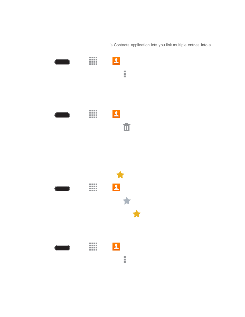 Link a contact, Delete a contact, Add contacts to your favorites | Share a contact, Delet e a contact | Samsung SM-T237PZWASPR User Manual | Page 36 / 112