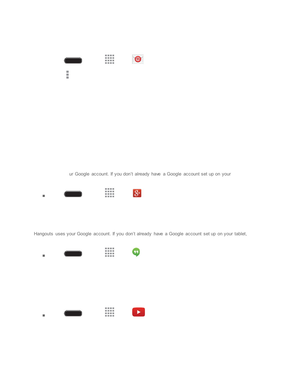 Delete an email account, Social networking accounts, Google | Hangouts, Youtube, Delet e an email account | Samsung SM-T237PZWASPR User Manual | Page 45 / 112
