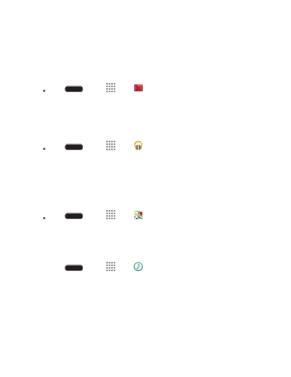 Google play movies & tv, Google play music, Google maps | Music player | Samsung SM-T237PZWASPR User Manual | Page 48 / 112