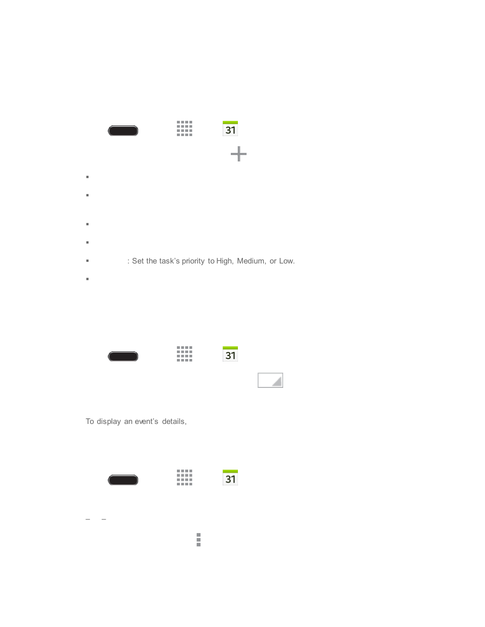 Add a task to the calendar, View events, Delete events | View e vents, Delet e e vents | Samsung SM-T237PZWASPR User Manual | Page 72 / 112