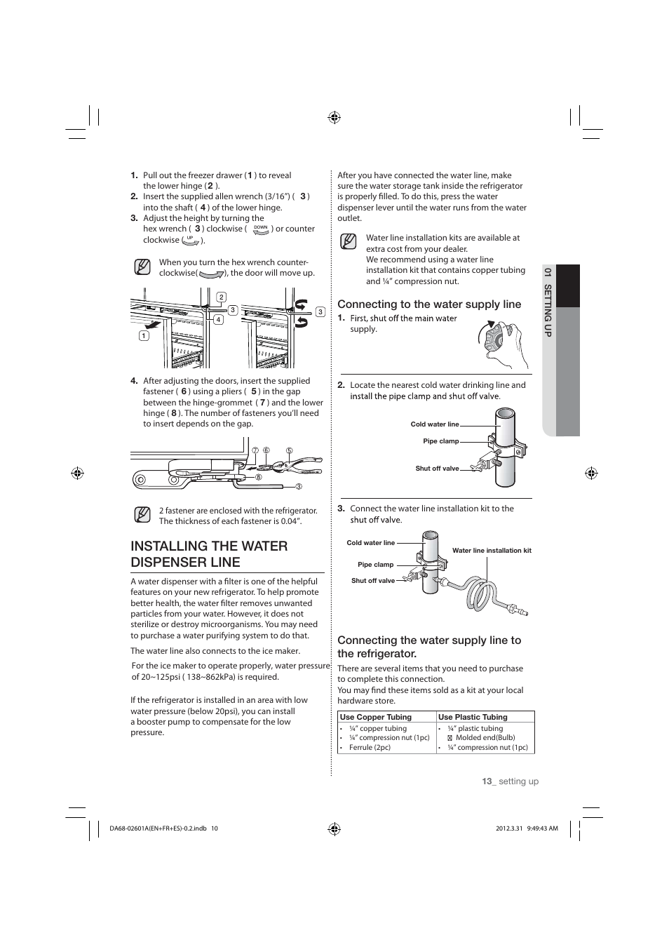 Installing the water dispenser line, Connecting to the water supply line | Samsung RF263TEAEBC-AA User Manual | Page 13 / 92