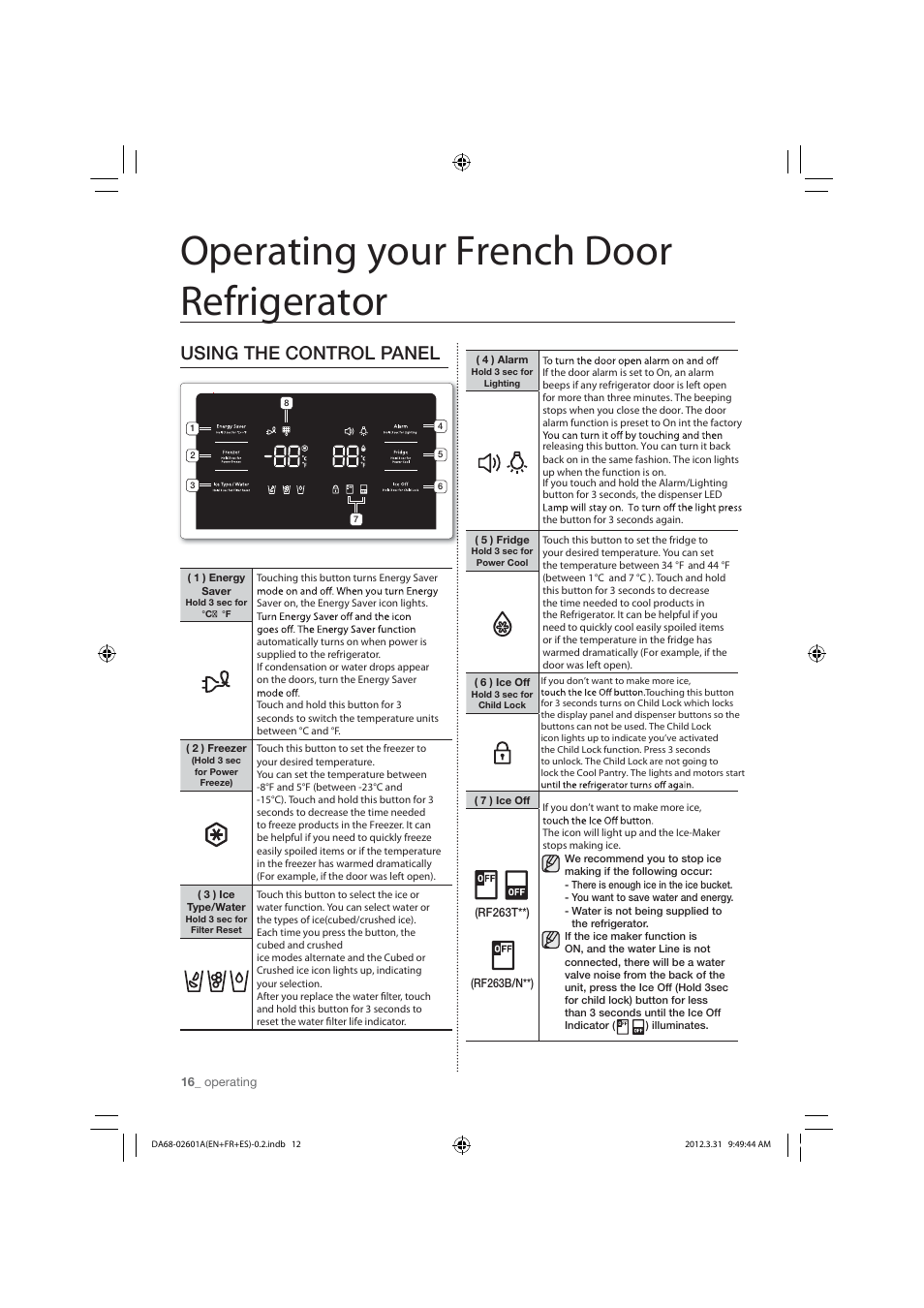 Operating your french door refrigerator, Using the control panel | Samsung RF263TEAEBC-AA User Manual | Page 16 / 92