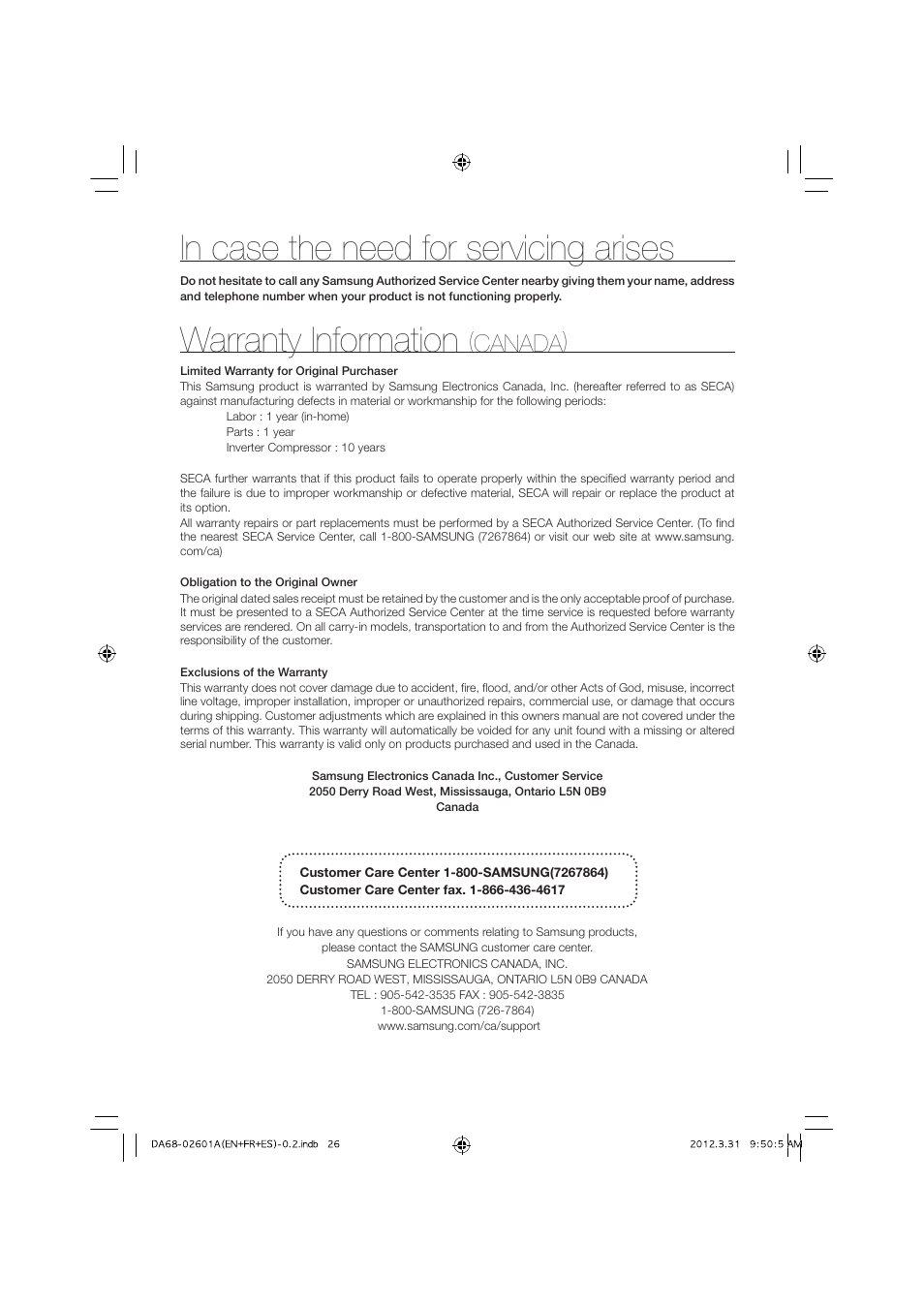 Warranty information, Canada) | Samsung RF263TEAEBC-AA User Manual | Page 30 / 92