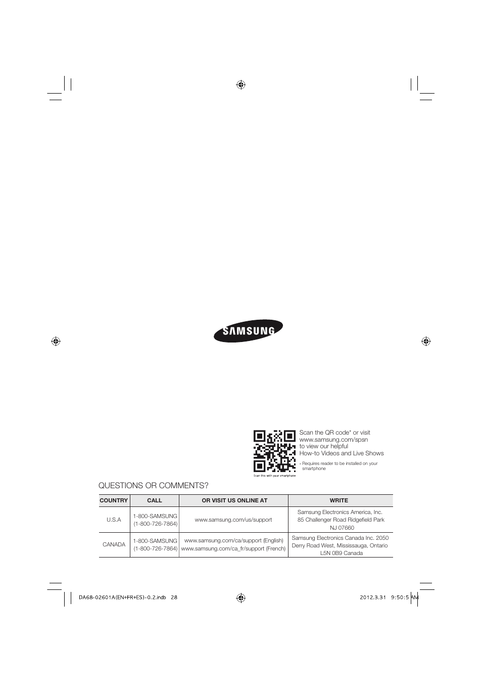 Questions or comments | Samsung RF263TEAEBC-AA User Manual | Page 32 / 92