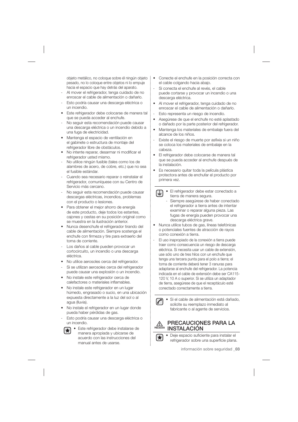 Precauciones para la instalación | Samsung RF263TEAEBC-AA User Manual | Page 35 / 92