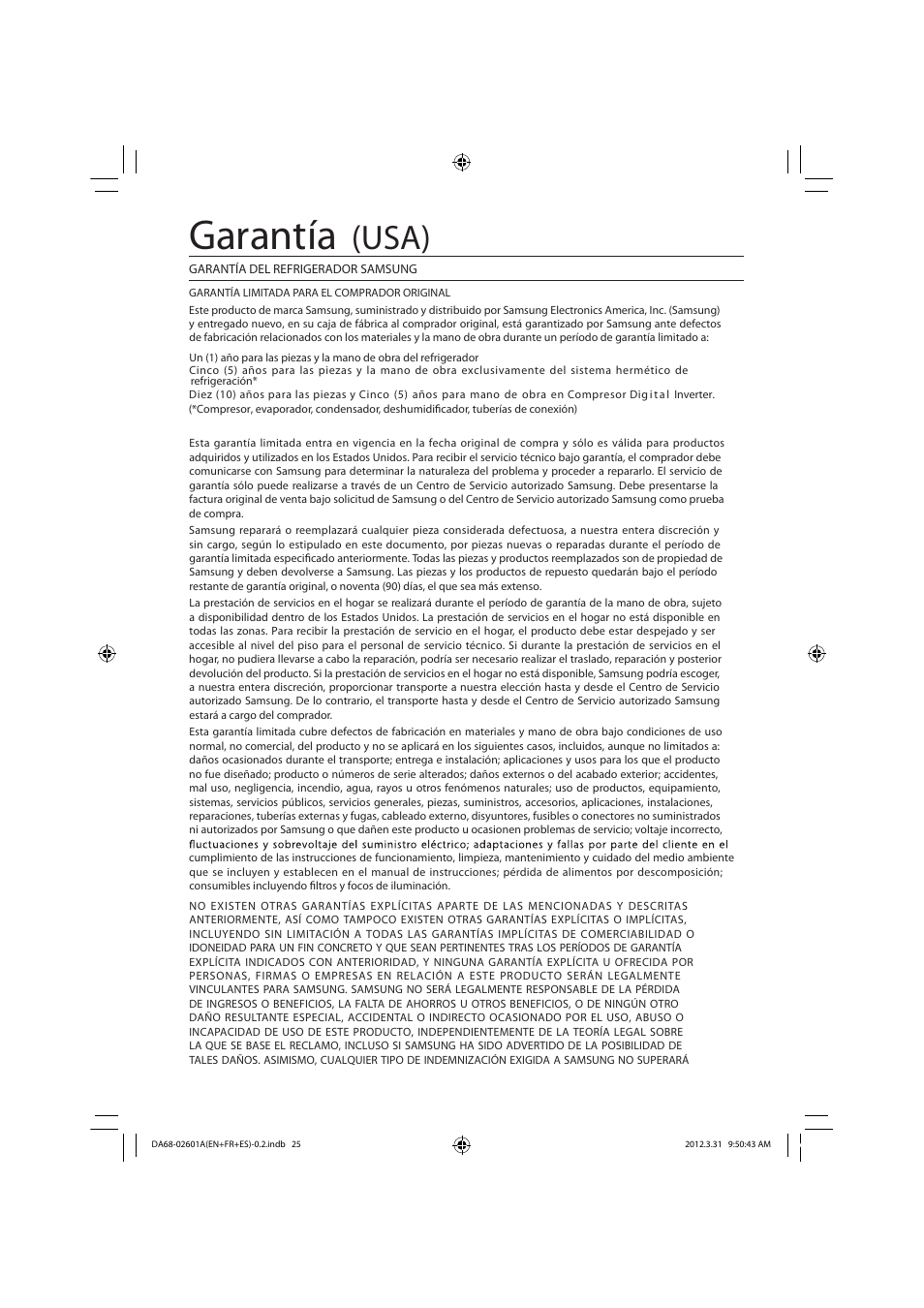 Garantía, Usa) | Samsung RF263TEAEBC-AA User Manual | Page 61 / 92