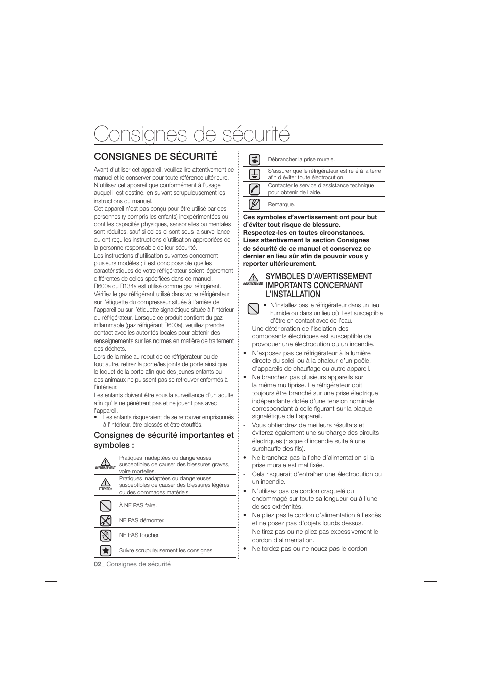 Consignes de sécurité, Consignes de sécurité importantes et symboles | Samsung RF263TEAEBC-AA User Manual | Page 64 / 92