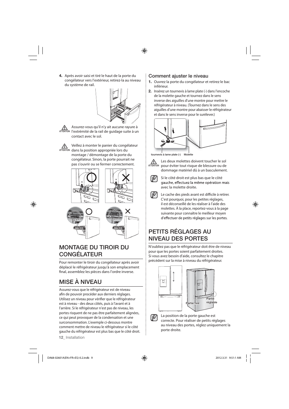 Montage du tiroir du congélateur, Mise à niveau, Petits réglages au niveau des portes | Comment ajuster le niveau | Samsung RF263TEAEBC-AA User Manual | Page 74 / 92