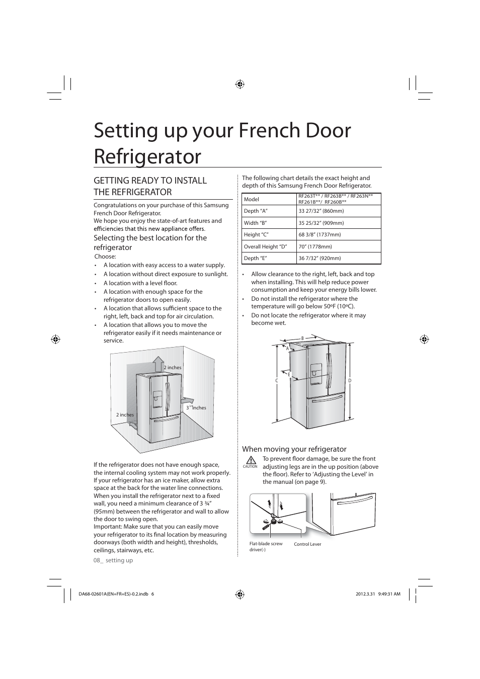 Setting up your french door refrigerator, Getting ready to install the refrigerator, Selecting the best location for the refrigerator | When moving your refrigerator | Samsung RF263TEAEBC-AA User Manual | Page 8 / 92