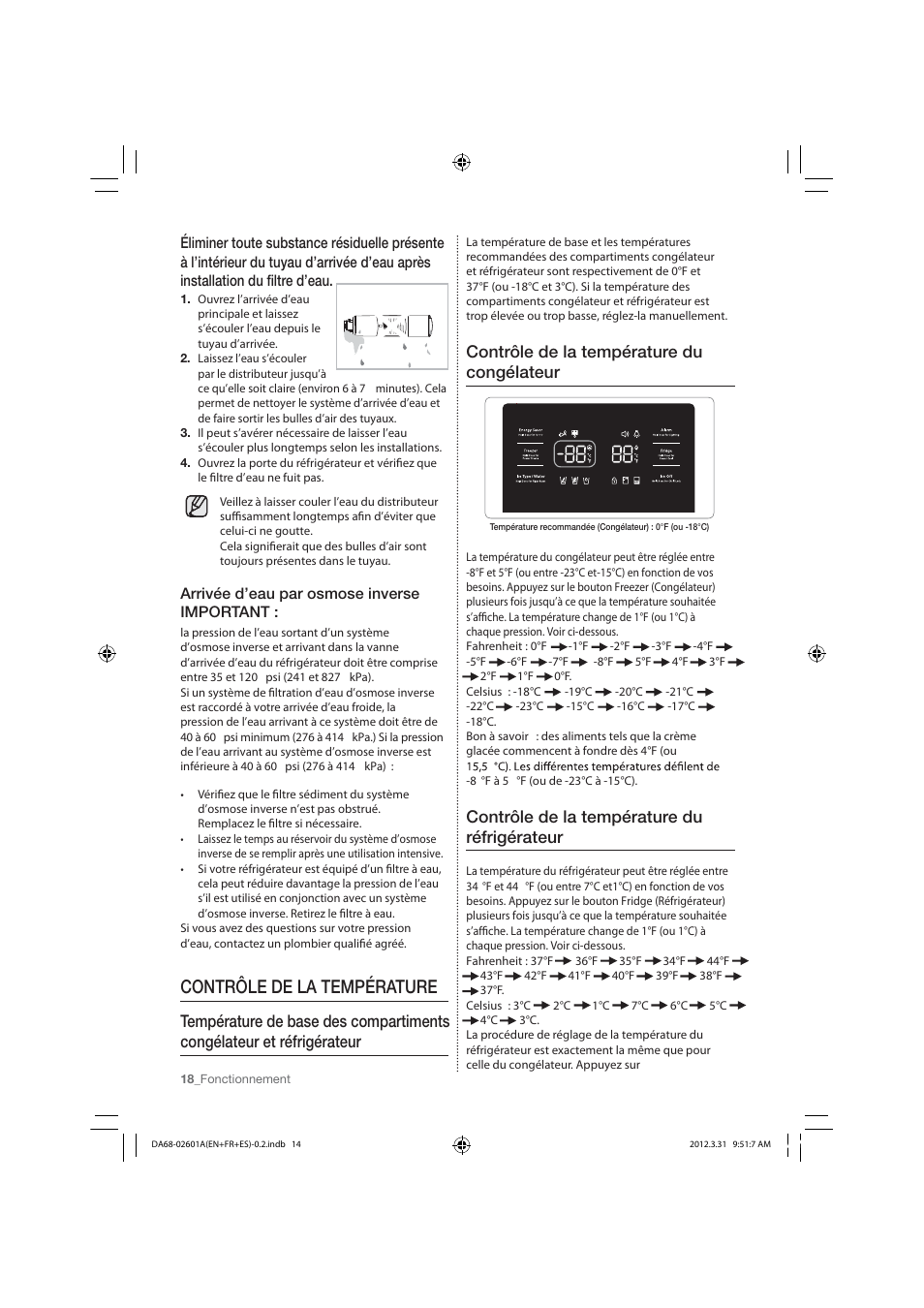 Contrôle de la température, Contrôle de la température du congélateur, Contrôle de la température du réfrigérateur | Arrivée d’eau par osmose inverse important | Samsung RF263TEAEBC-AA User Manual | Page 80 / 92