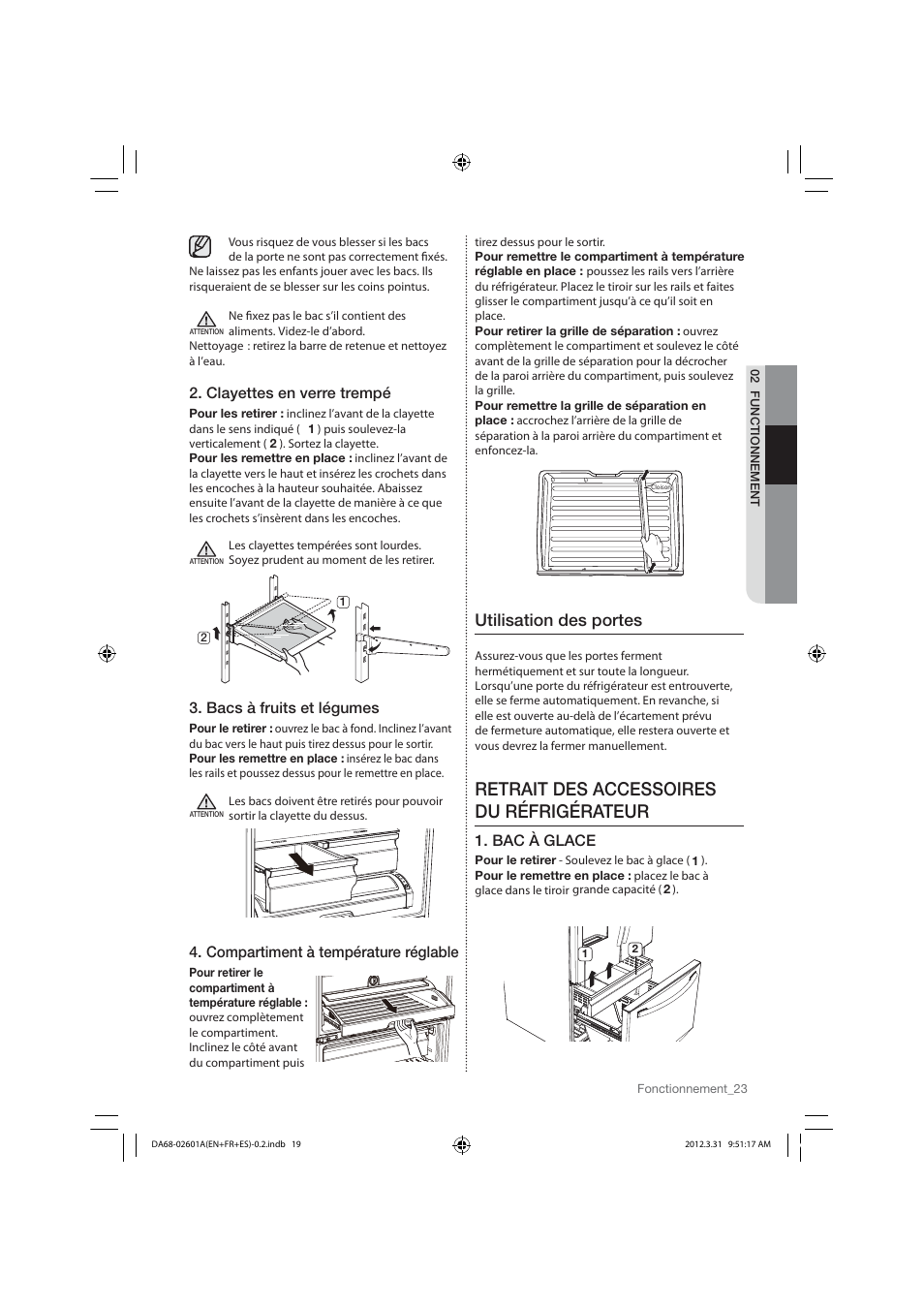 Retrait des accessoires du réfrigérateur, Utilisation des portes, Clayettes en verre trempé | Bacs à fruits et légumes, Compartiment à température réglable, Bac à glace | Samsung RF263TEAEBC-AA User Manual | Page 85 / 92