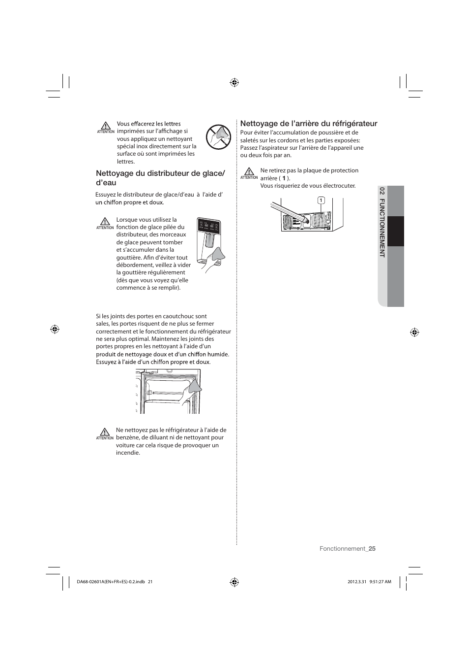 Nettoyage du distributeur de glace/ d’eau, Nettoyage de l’arrière du réfrigérateur | Samsung RF263TEAEBC-AA User Manual | Page 87 / 92