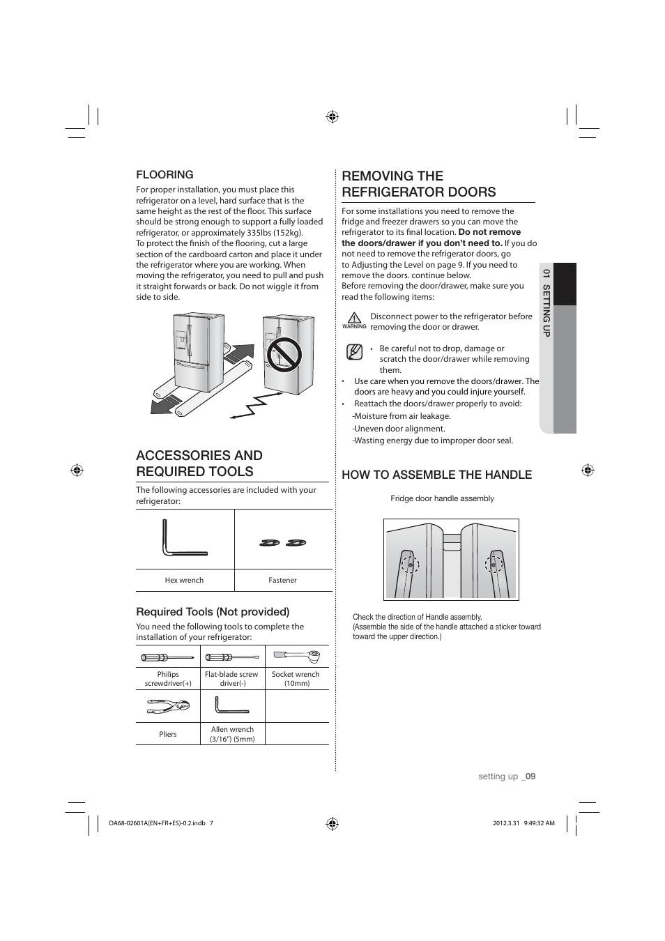 Accessories and required tools, Removing the refrigerator doors, How to assemble the handle | Flooring, Required tools (not provided) | Samsung RF263TEAEBC-AA User Manual | Page 9 / 92