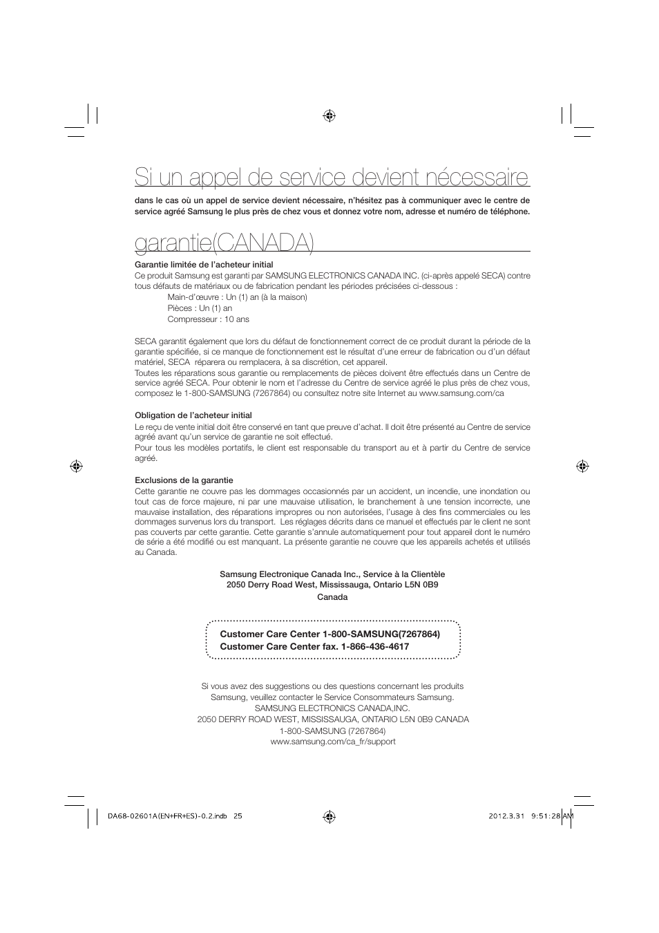 Si un appel de service devient nécessaire, Garantie(canada) | Samsung RF263TEAEBC-AA User Manual | Page 91 / 92