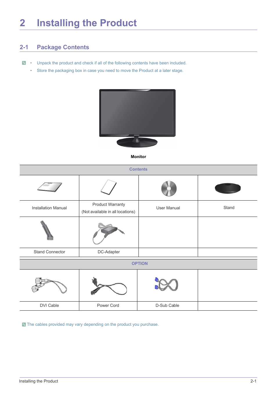 2 installing the product, 1 package contents, Installing the product | Package contents -1, 2installing the product | Samsung LS22A300NS-ZM User Manual | Page 12 / 69
