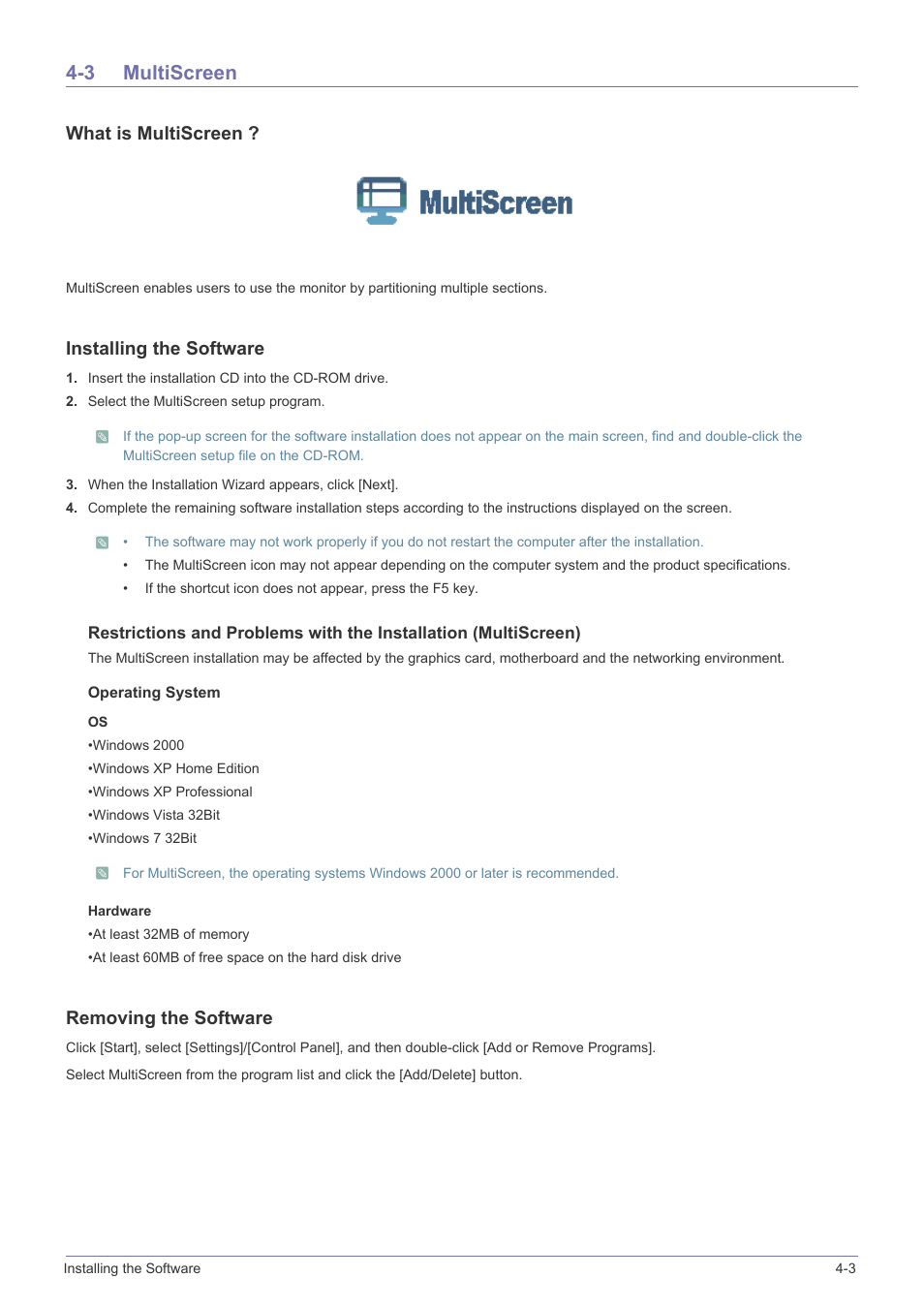 3 multiscreen, Multiscreen -3, What is multiscreen | Installing the software, Removing the software | Samsung LS22A300NS-ZM User Manual | Page 44 / 69