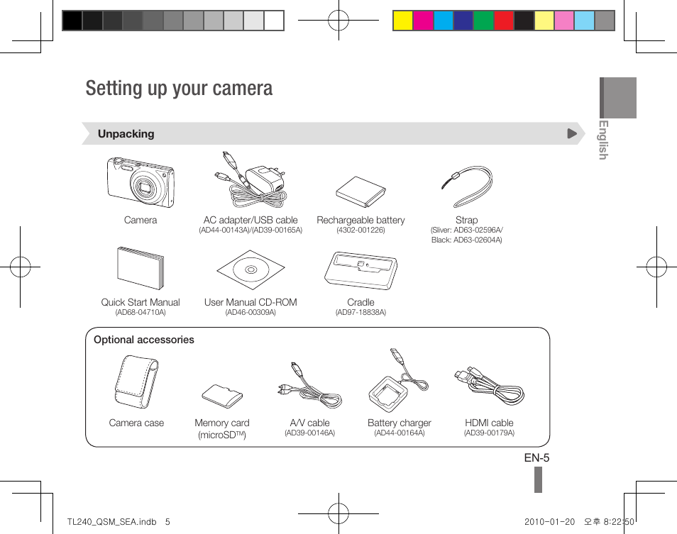 Setting up your camera, English | Samsung EC-TL240ZBPBUS User Manual | Page 5 / 24