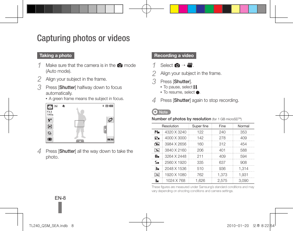 Capturing photos or videos | Samsung EC-TL240ZBPBUS User Manual | Page 8 / 24