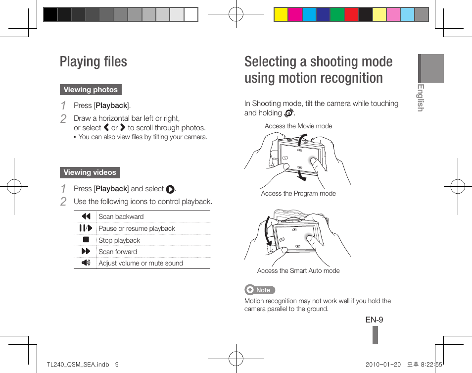 Playing files, Selecting a shooting mode using motion recognition | Samsung EC-TL240ZBPBUS User Manual | Page 9 / 24