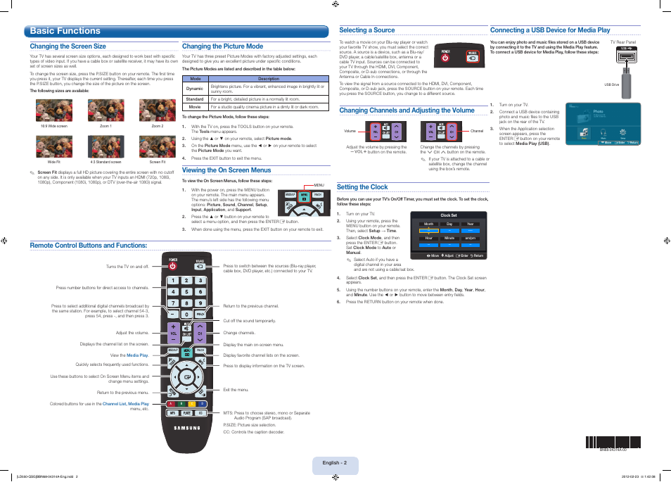 Basic functions, Setting the clock, Connecting a usb device for media play | Remote control buttons and functions, Changing the picture mode, Viewing the on screen menus, Changing the screen size, Selecting a source, Changing channels and adjusting the volume | Samsung LN46E550F6FXZA User Manual | Page 2 / 2