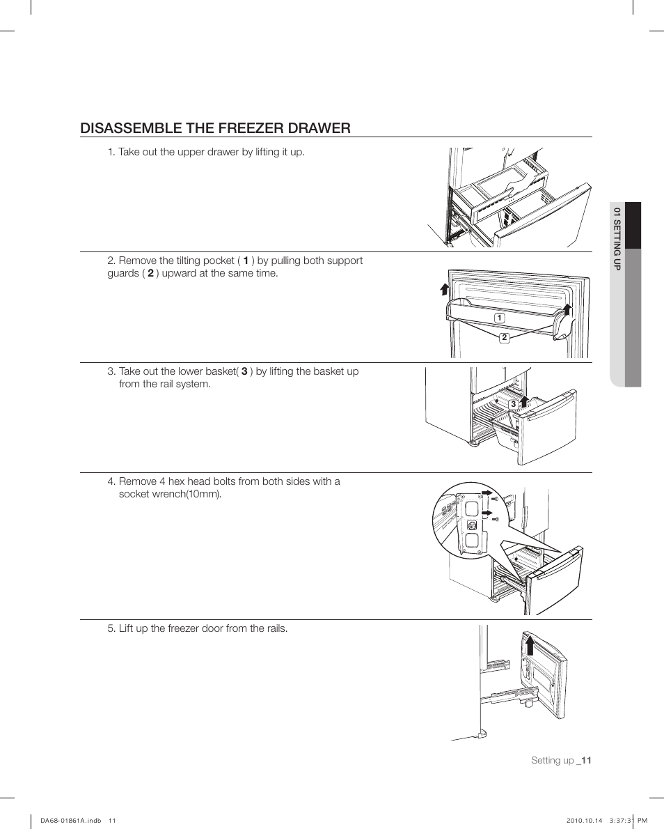Disasemble the freezer draw er, Disassemble the freezer drawer | Samsung RF268ACBP-XAA User Manual | Page 11 / 42