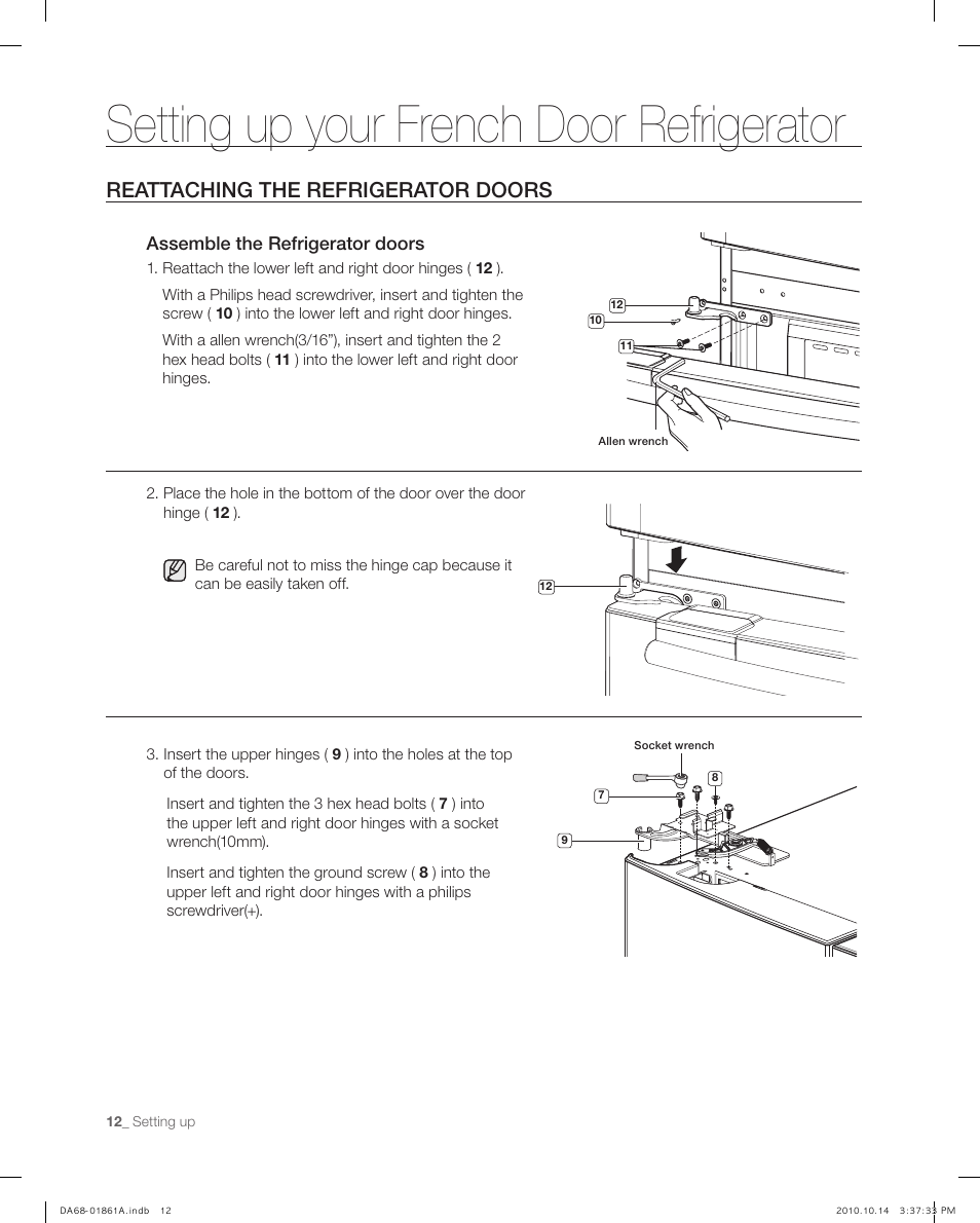 Reatta ching the refrigerato r doors, Setting up your french door refrigerator, Reattaching the refrigerator doors | Assemble the refrigerator doors | Samsung RF268ACBP-XAA User Manual | Page 12 / 42