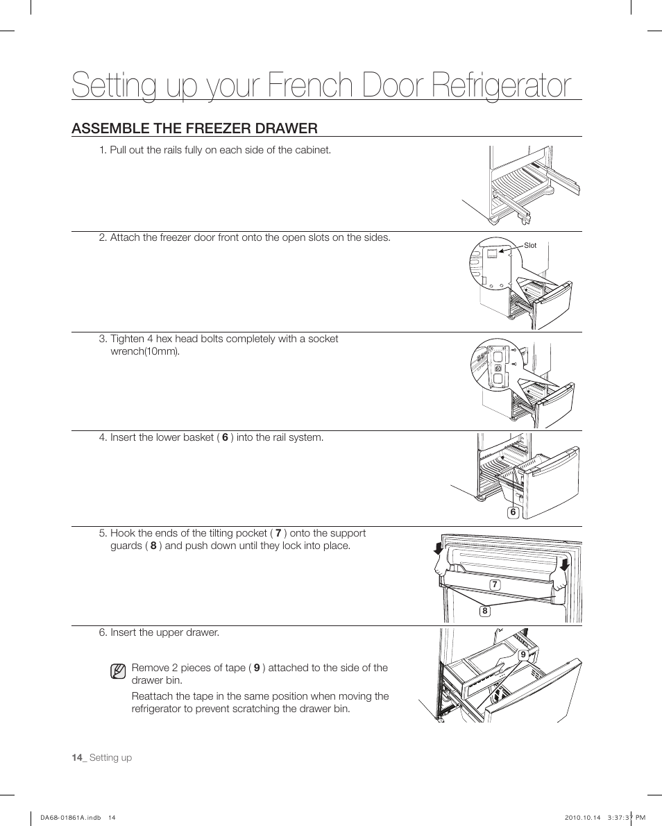 Asemble the freezer draw er, Setting up your french door refrigerator, Assemble the freezer drawer | Samsung RF268ACBP-XAA User Manual | Page 14 / 42