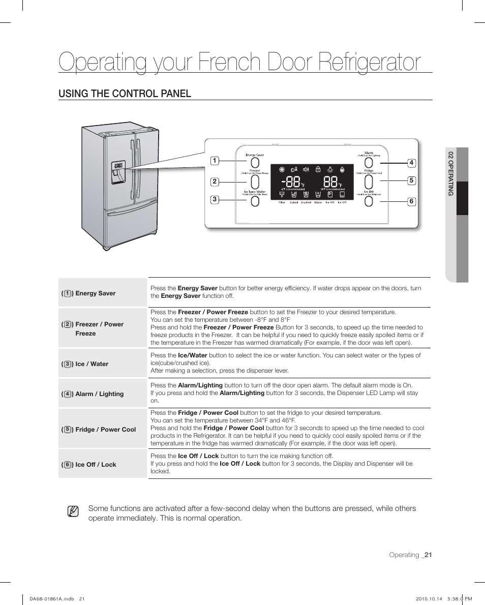 Operating your french door refrigerator, Using the control panel | Samsung RF268ACBP-XAA User Manual | Page 21 / 42