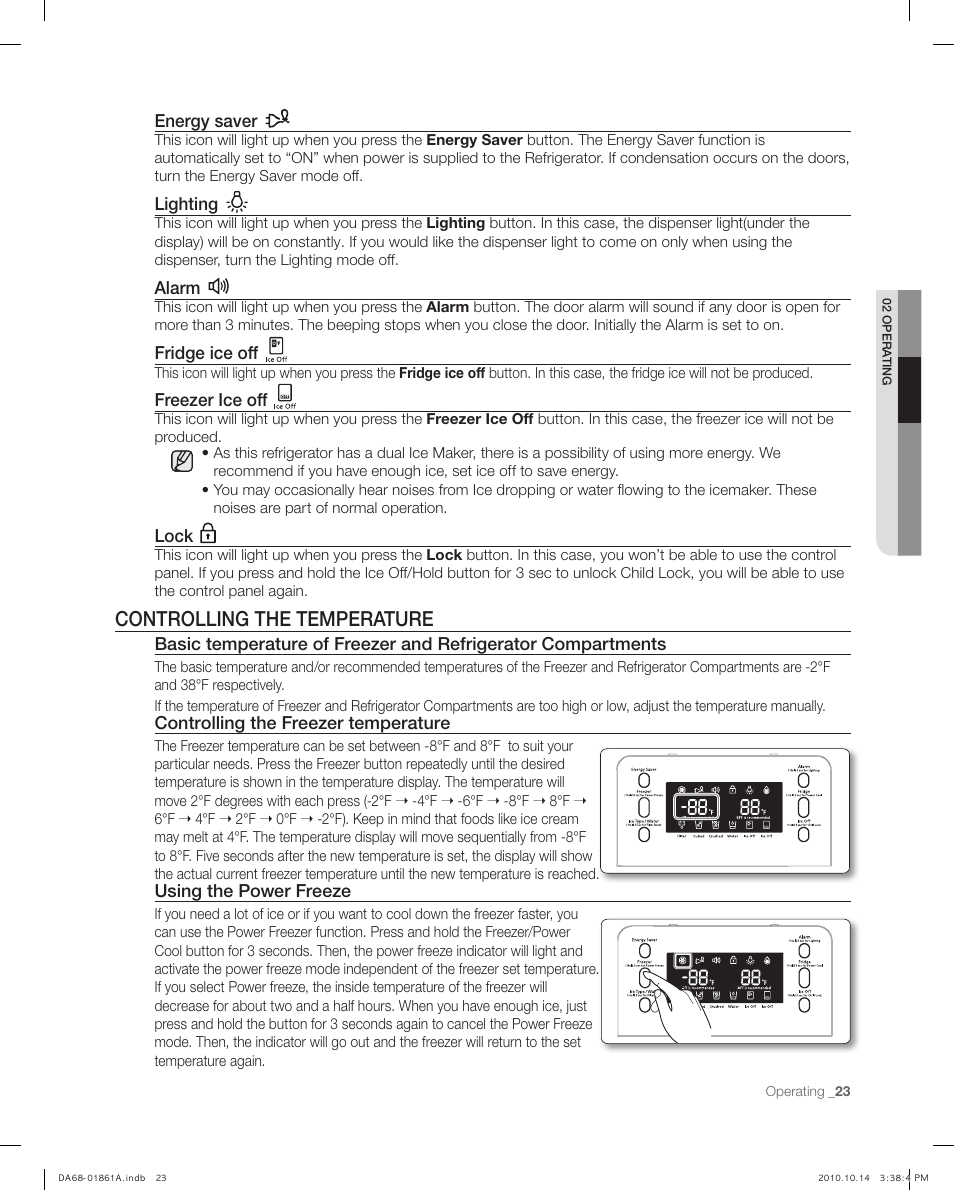 Controlling the temperatu re, Controlling the temperature | Samsung RF268ACBP-XAA User Manual | Page 23 / 42