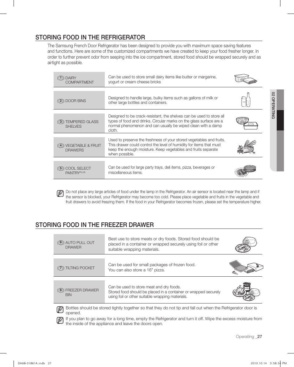Storing food in the refrigerato r, Storing food in the freezer draw er | Samsung RF268ACBP-XAA User Manual | Page 27 / 42