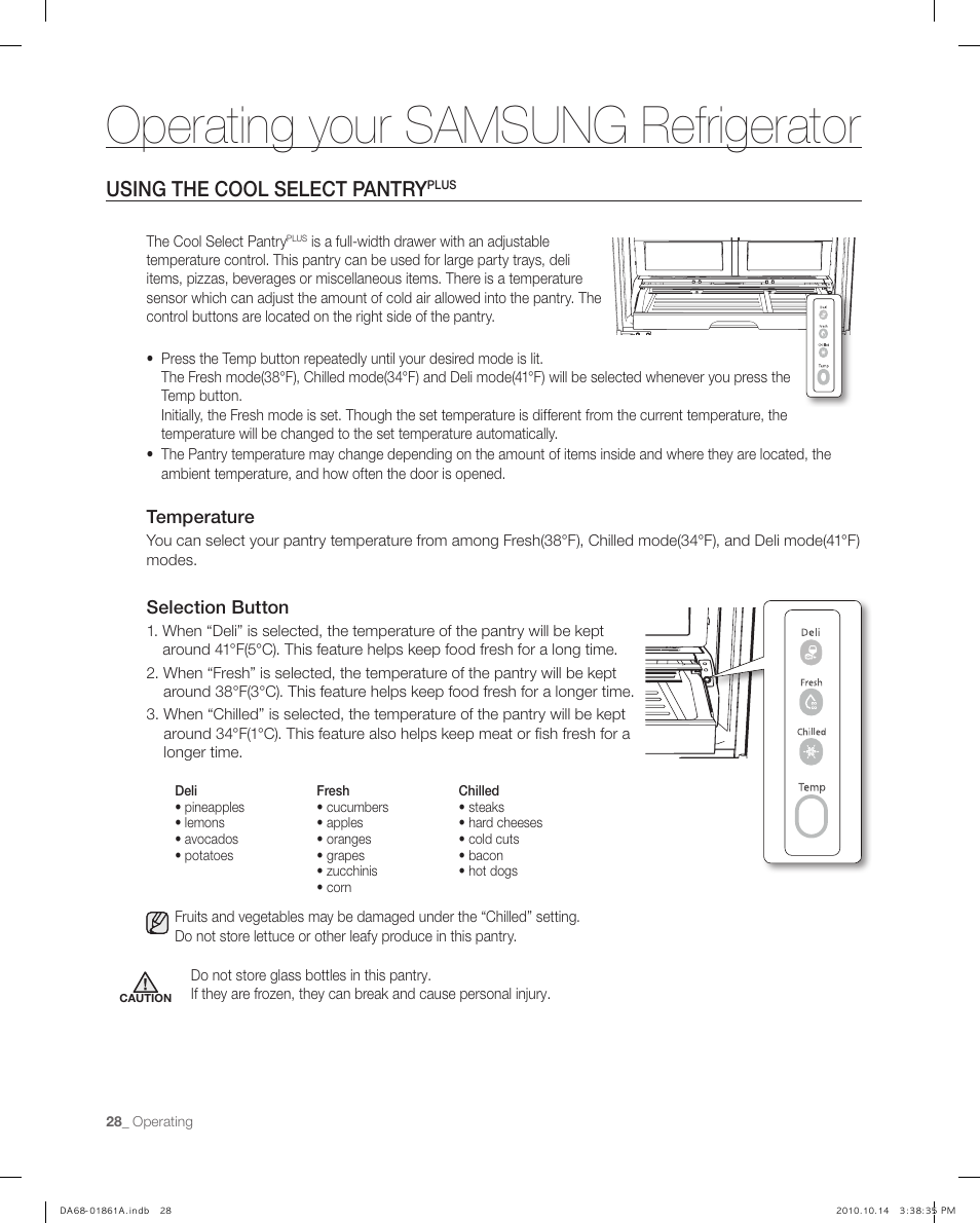 Using the cool select pantryplus, Operating your samsung refrigerator, Using the cool select pantry | Temperature, Selection button | Samsung RF268ACBP-XAA User Manual | Page 28 / 42