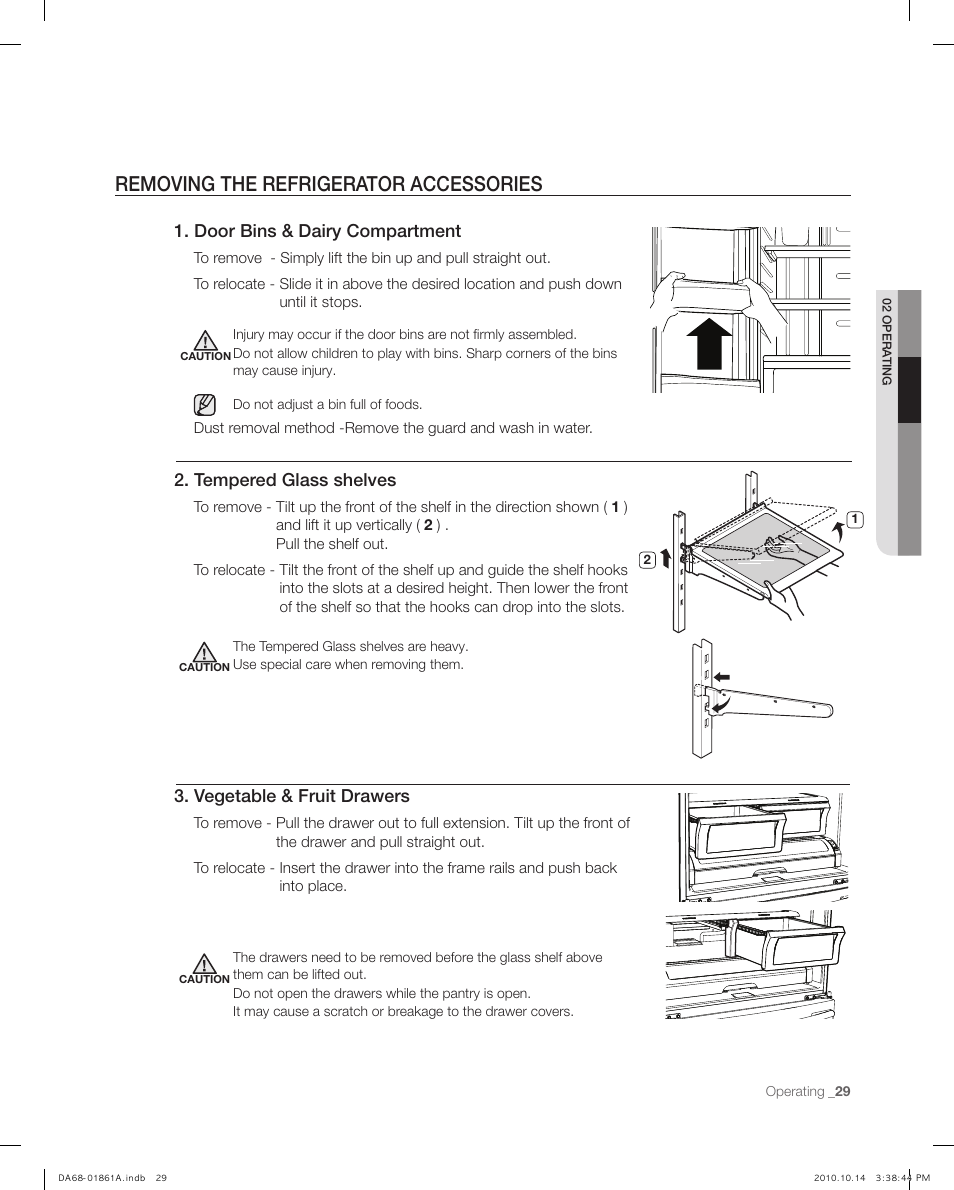 Removing the refrigerato r accessories, Removing the refrigerator accessories, Tempered glass shelves | Door bins & dairy compartment, Vegetable & fruit drawers | Samsung RF268ACBP-XAA User Manual | Page 29 / 42