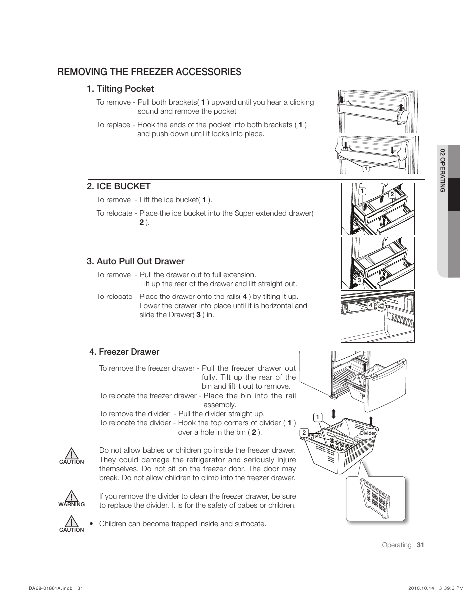 Removing the freezer accessories, Tilting pocket, Ice bucket | Auto pull out drawer, Freezer drawer | Samsung RF268ACBP-XAA User Manual | Page 31 / 42