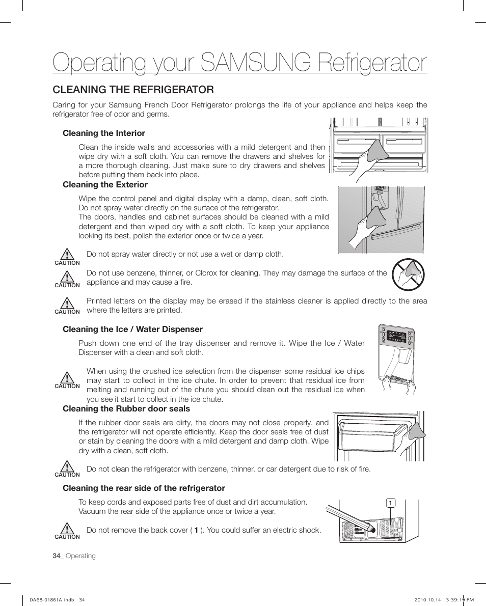 Cleaning the refrigerator, Operating your samsung refrigerator | Samsung RF268ACBP-XAA User Manual | Page 34 / 42