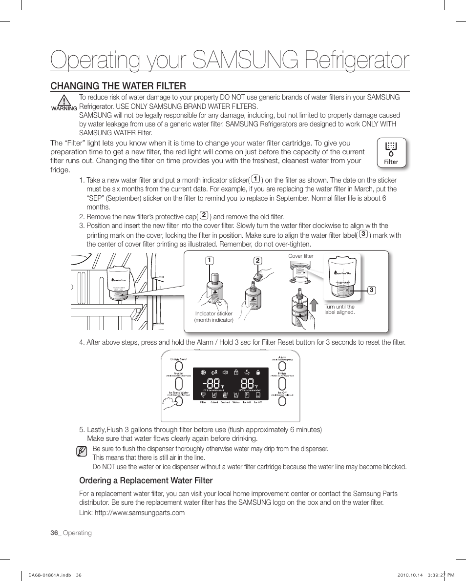 Changing the water filter, Operating your samsung refrigerator | Samsung RF268ACBP-XAA User Manual | Page 36 / 42