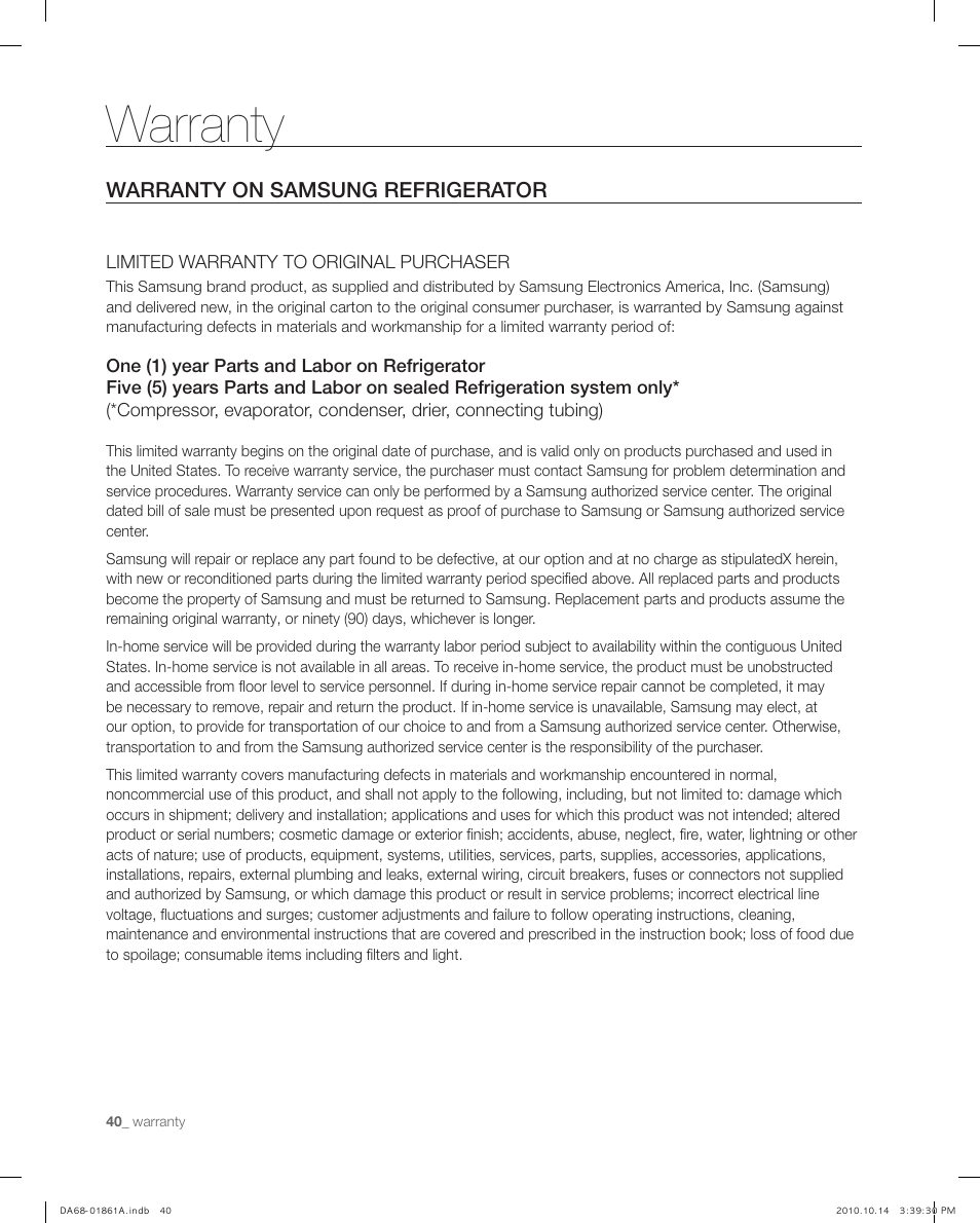 Warranty | Samsung RF268ACBP-XAA User Manual | Page 40 / 42
