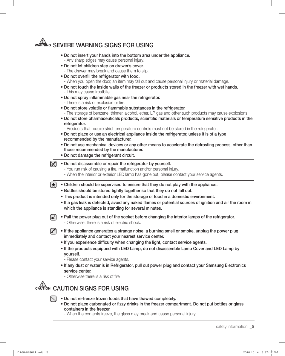 Severe warning signs for using, Caution signs for using | Samsung RF268ACBP-XAA User Manual | Page 5 / 42