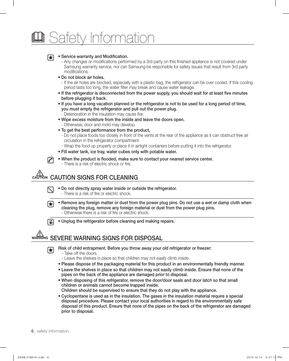 Caution signs for cleaning, Severe warning signs for disposal, Safety information | Samsung RF268ACBP-XAA User Manual | Page 6 / 42