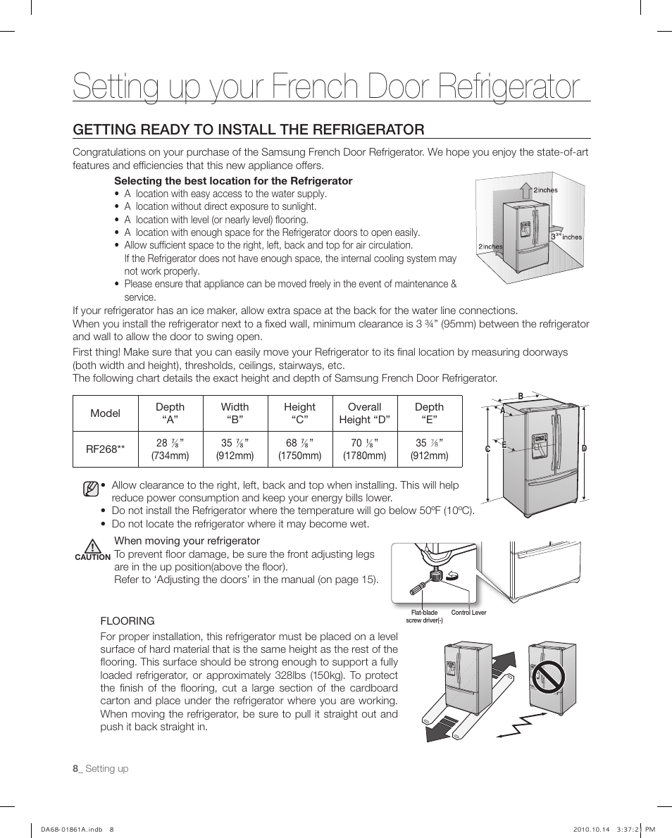 Setting up your french door refrigerator, Getting ready to insta ll the refrigerato r, Getting ready to install the refrigerator | Samsung RF268ACBP-XAA User Manual | Page 8 / 42